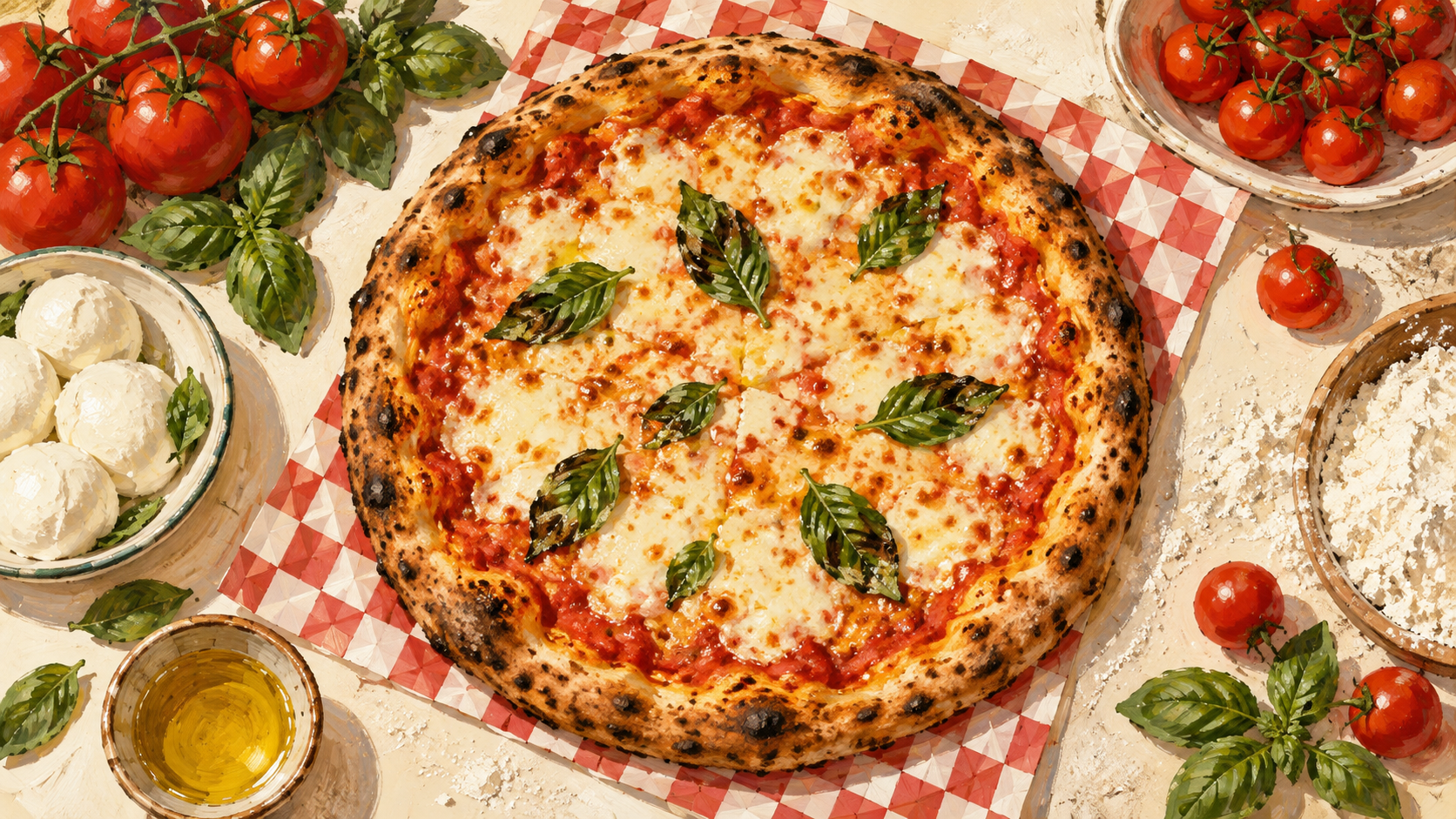 Illustration of a whole cheese pizza with basil, tomatoes, and flour on checkered paper