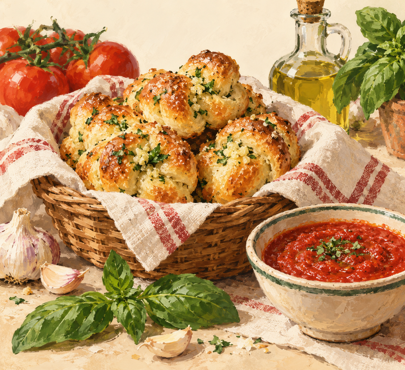 Illustration of golden garlic knots beside marinara sauce with basil and olive oil